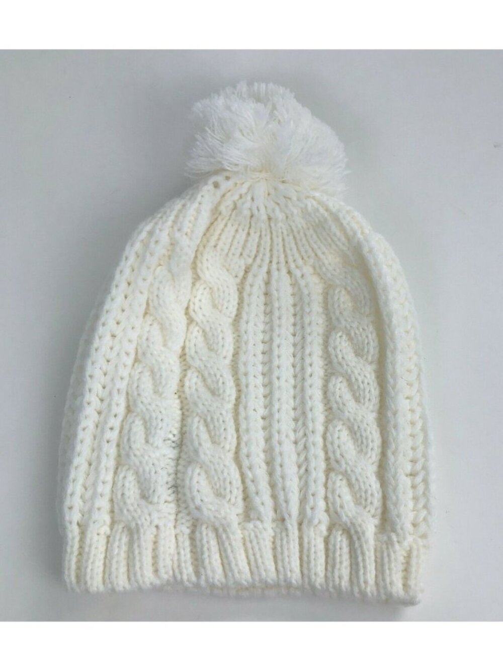 AMIEE LYNN Cable Knit Beanie Womens One Size Ivory Hat Pom Soft Beige Girl NEW